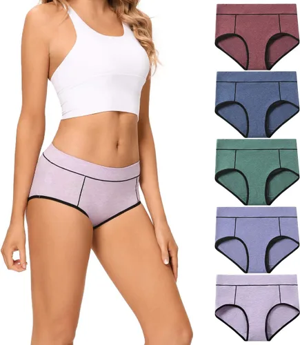 Vista 10 de POKARLA - Ropa interior elástica de algodón para mujer, pantaletas de cintura media alta, paquete de 5 Negro