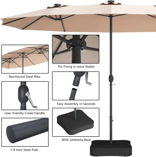 Vista 6 de Tangkula Sombrilla solar de patio de 15 pies con base, sombrilla individual extragrande de doble cara para exteriores con 36 luces LED y manivela