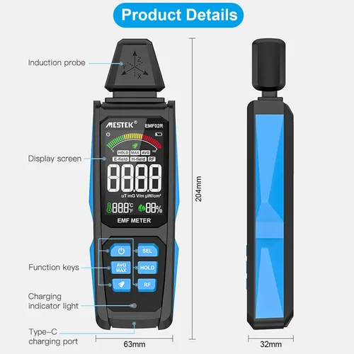 Vista 2 de AceFox Detector de EMF para Detectar EF RF MF, Pantalla LCD Digital, Mide uT mG/V/m pW/cm², Medidor de EMF Recargable 3-en-1 para Inspecciones