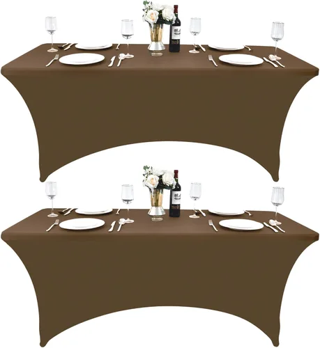 Vista 17 de Paquete de 2 Cubiertas de Mesa de Spandex de 4 pies para Mesas Plegables Rectangulares - Manteles Elásticos Ajustados Resistentes a las Arrugas Beige