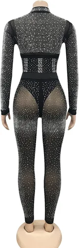 Vista 5 de Conjunto de 2 piezas sexy de malla con diamantes de imitación para mujer pantalones ajustados para fiesta club conjunto deportivo