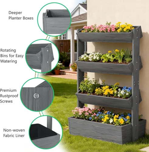 Vista 4 de DoCred Cama de jardín vertical elevada de madera, 4 niveles mejorados, soporte de madera independiente para plantas, hierbas, flores, verduras