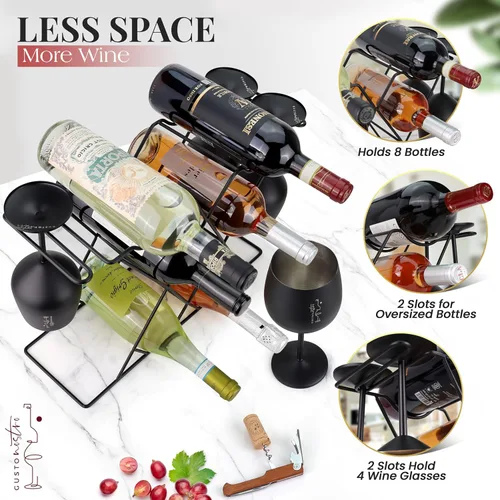 Vista 4 de Gusto Nostro Estantes de vino pequeños para 8 botellas y 4 vasos, estante de vino para encimera con soporte para vidrio, moderno estante de vino