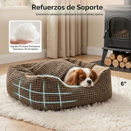 Vista 3 de GASUR Camas para perros pequeños con cueva de cubierta, camas para gatos de interior, cama rectangular con capucha para cachorros con manta Marrón