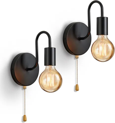 Vista 10 de Aplique de Pared Negro con Cadena de Tirar con Interruptor Luces de Pared Vintage E26 Lámpara de Pared Industrial Iluminación de Pared Retro