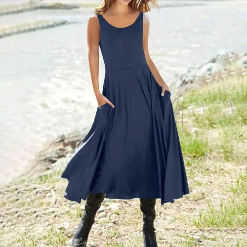 Vista 3 de Vestido largo de verano para mujer, sin mangas, holgado, cuello redondo, liso, casual, plisado, vestido largo