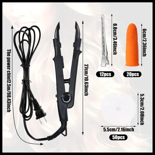 Vista 2 de Kit de extensión de cabello de queratina: plancha térmica, gránulos de pegamento de queratina, plantillas protectoras, pinzas para el cabello y Negro
