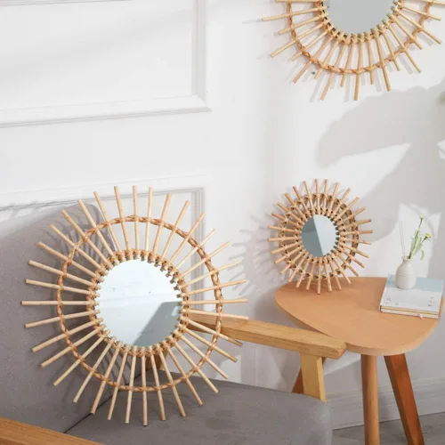 Vista 3 de OYPEIP Decoración de cristal colgante de ratán natural pequeño de 12 pulgadas, diseño rústico hecho a mano, innovador espejo de maquillaje redondo