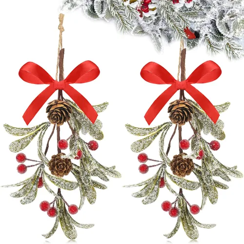 Vista 6 de Giegxin 1 pieza Adorno de Navidad Artificial de Muérdago Colgante con Lazo Rojo Bouquet de Adornos Colgantes de Navidad Floral con Piñas Naturales