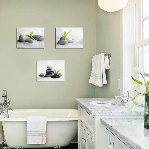 Vista 5 de Biuteawal 3 piezas de lienzo zen para decoración de baño, piedra zen con planta verde, impresión pacífica de naturaleza muerta, pintura moderna