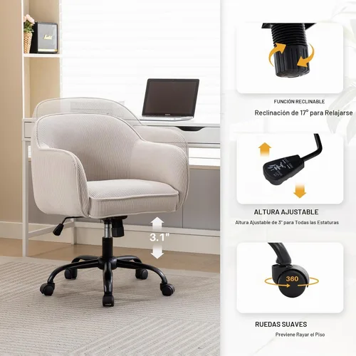 Vista 4 de Silla de escritorio, silla giratoria de pana con brazos y ruedas Beige