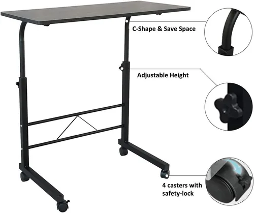 Vista 4 de Mesa auxiliar de sofá con ruedas, escritorio extraíble para computadora portátil, mesa de café con ruedas ajustable en altura, escritorio auxiliar