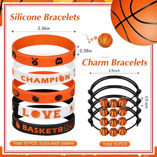 Vista 2 de Aoriher Regalos de fiesta deportiva de baloncesto para niños, 15 juegos de pulseras deportivas de silicona, mini bola antiestrés, llavero temporal