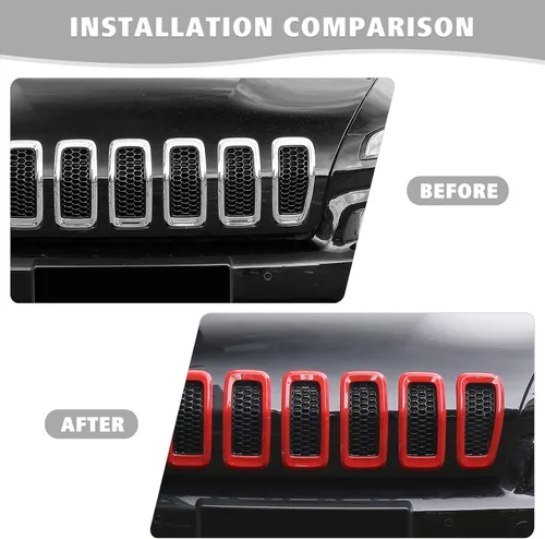 Vista 7 de Jimen Insertos de parrilla para Jeep Cherokee, 7 piezas de insertos de rejilla compatibles con Jeep Cherokee 2014-2018, Rojo