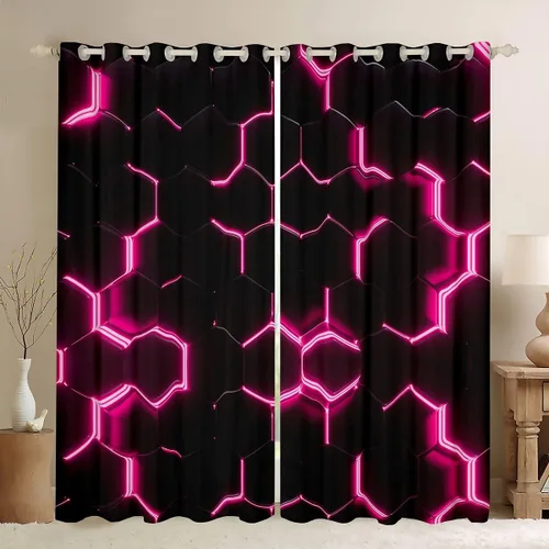 Vista 25 de Feelyou - Cortinas de ventana en forma de panal, tema geométrico hexagonal con luces de neón verdes, para chicos adolescentes y hombres, elegante