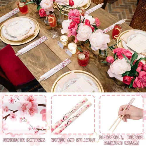 Vista 3 de 50 pares de palillos de flor de cerezo a granel con funda azul, palillos desechables de bambú de eucalipto, favores de boda, suministro de comida