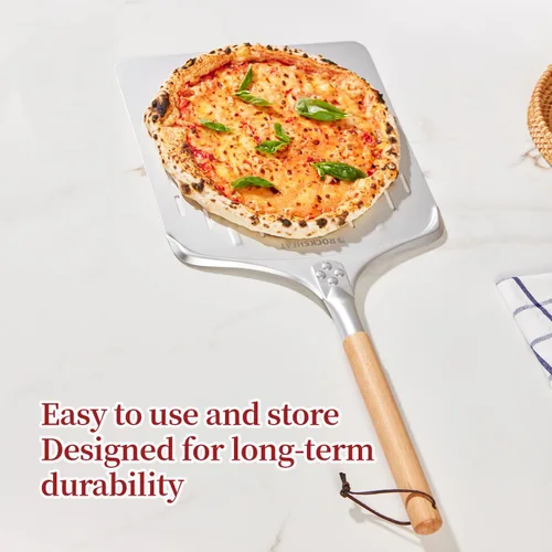 Vista 4 de Cáscara de pizza de 12 pulgadas – Espátula de pizza de aluminio anodizado con mango de madera – Ideal para horno de pizza y hornear, pelar ligero