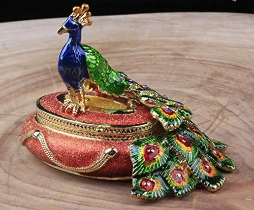 Vista 4 de znewlook Caja redonda de figura de pavo real masculino, joyería de pájaro, joyería de pavo real, caja de baratijas