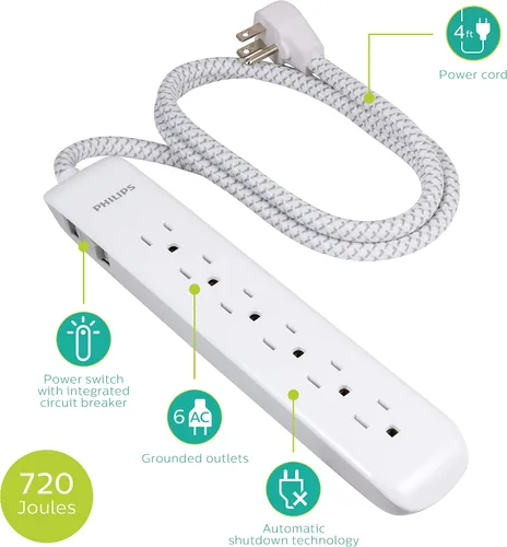 Vista 2 de Philips Regleta protectora de sobretensiones de 6 tomas, cable de alimentación trenzado de diseño, cable de alimentación de 4 pies, cable