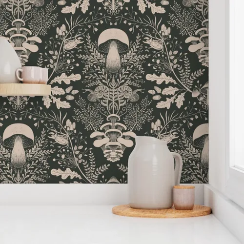 Vista 8 de Papel tapiz para despegar y pegar, diseño de damasco de bosque de hongos, verde oscuro, bosque, caracol, helecho, bellota, papel tapiz extraíble
