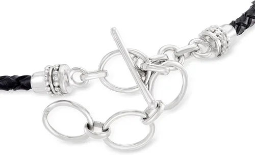 Vista 3 de Ross-Simons Pulsera de piel negra y ónix negro en plata de ley. 7 pulgadas, Plata de ley, ónix negro, Ónix