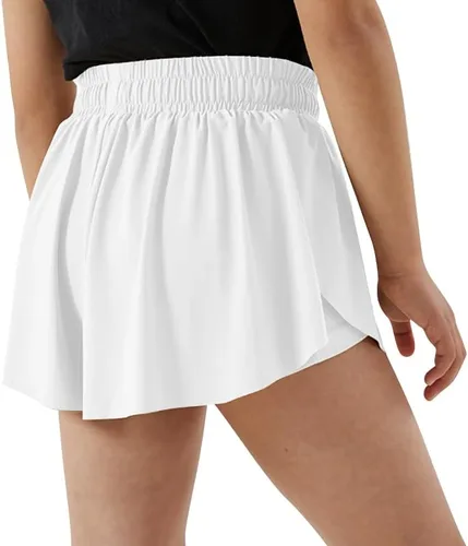 Vista 3 de ASHER FASHION Pantalones cortos fluidos para niñas, pantalones cortos deportivos 2 en 1 con bolsillo, pantalones cortos para correr para niñas