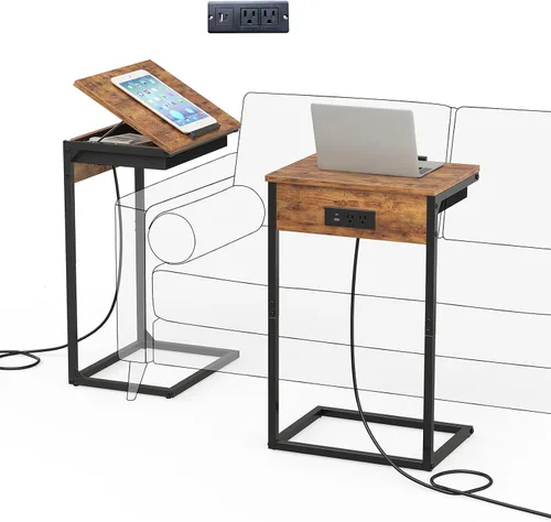 Vista 14 de sthmec Mesa auxiliar en forma de C con estación de carga, mesa auxiliar abatible ajustable de 45° con almacenamiento, mesa pequeña en C