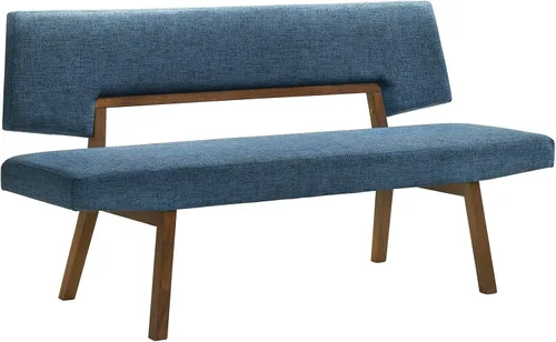 Vista 4 de Channell - Banco de comedor de madera con acabado de nogal con tela azul