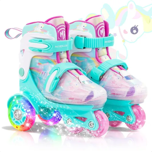 Vista 6 de METROLLER Patines de equilibrio con ruedas ajustables para niños pequeños de 3 a 6 años, arcoíris, unicornio, dinosaurios, patines con ruedas