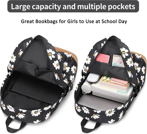 Vista 3 de Mochila para niñas con lonchera para niños, mochila para la escuela, ligera, resistente al agua, negro (Daisy Black), Mochila con fiambrera