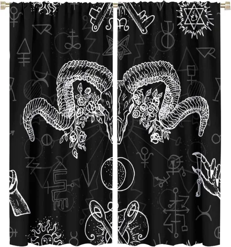 Vista 54 de BAEKJIN Cortinas de cabeza de cabra, diseño de calavera malvada, bruja, símbolo misterioso, bolsillo para barra, cortinas opacas para ventana, juego