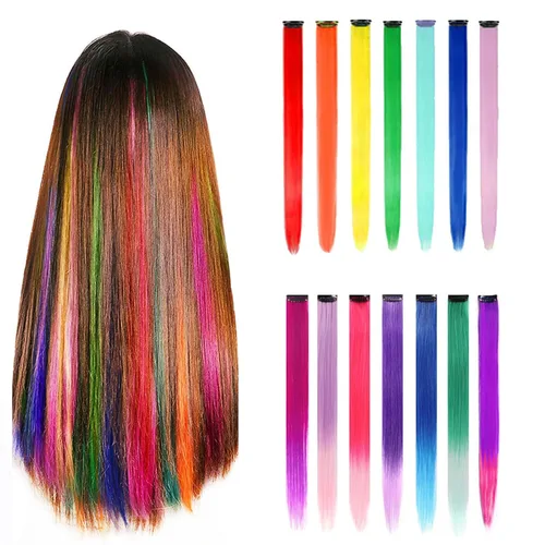 Vista 6 de 24 extensiones de cabello con clip de color, 22 pulgadas de largo, lacio, sintético, multicolor, resaltado para fiestas, para mujeres y niñas