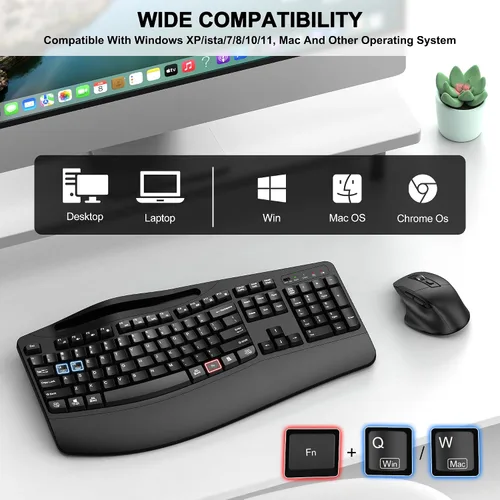 Vista 7 de Combo de teclado y mouse inalámbricos, teclas onduladas de tamaño completo 2.4G, teclado ergonómico con reposamuñecas, soporte para teléfono, mouse