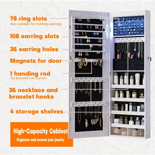 Vista 2 de Lvifur - Armario de joyería con 6 luces LED armario para las joyas montado en la pared o en la puerta con un espejo de longitud completa organizador