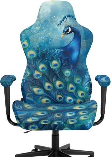 Vista 2 de Peacock Gaming Chair Slipcover with Zipper Computer Chair Covers Strtchable 4pcs Ergonomic Gamer Chairs Protector for Adults,Blue
