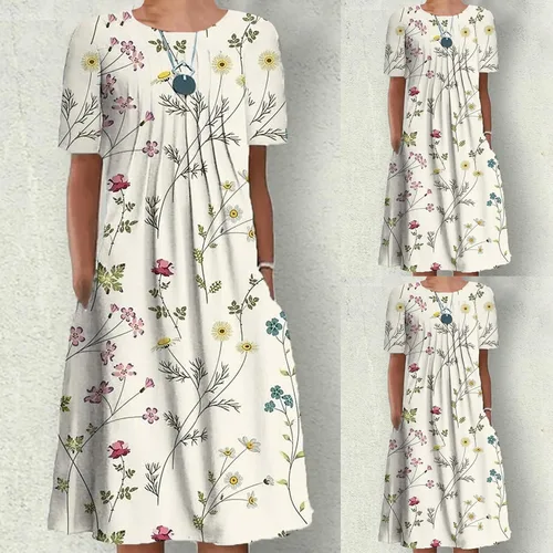 Vista 2 de Vestido casual con estampado floral para mujer, vestido de verano con cuello redondo, manga corta, plisado, vestido midi para fiesta en la playa
