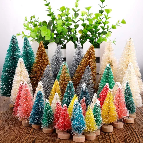 Vista 2 de 40 mini árbol de Navidad, mini árboles de sisal multicolor, árboles de cepillo para botellas, mini árboles artificiales con base de madera, árboles