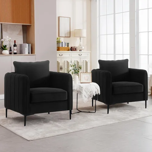 Vista 2 de Sillas de Acento de Terciopelo Negro para Sala de Estar, Silla de Acento Moderna Tapizada Cómodo Sillón de Terciopelo con Cojín Grueso y Marco
