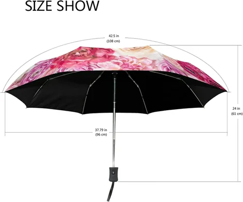 Vista 3 de Paraguas plegable auto abierto compacto sol lluvia paraguas rosa flores rosa para mujeres hombres niños viaje sombrilla sol protección UV viento