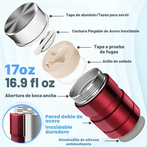 Vista 2 de Earth&ME Termo de acero inoxidable para alimentos calientes de 17 onzas con cuchara plegable, recipiente de alimentos aislado al vacío, termo de Rojo