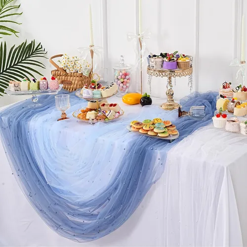 Vista 5 de LuoluoHouse Camino de Mesa de Perla para Centros de Mesa de Boda: Camino de Mesa de Perla de 10 pies, Decoración de Mesa de 29x120 Pulgadas de Tul