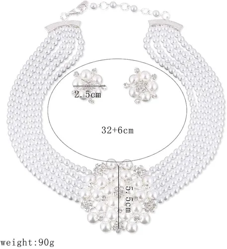 Vista 2 de Chamvino Gargantilla de perlas de imitación multicapa de moda y exagerada, juego de joyas de aretes, collar de novia, accesorios de vestir