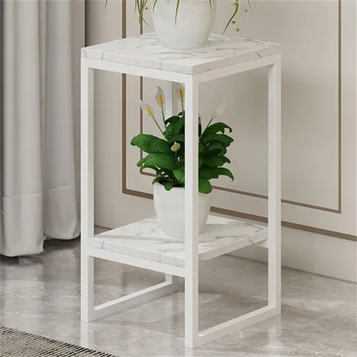 Vista 16 de Mesa cuadrada simple de madera de varios niveles con estante de almacenamiento, soporte para maceta de hierro forjado para sala de estar en Negro