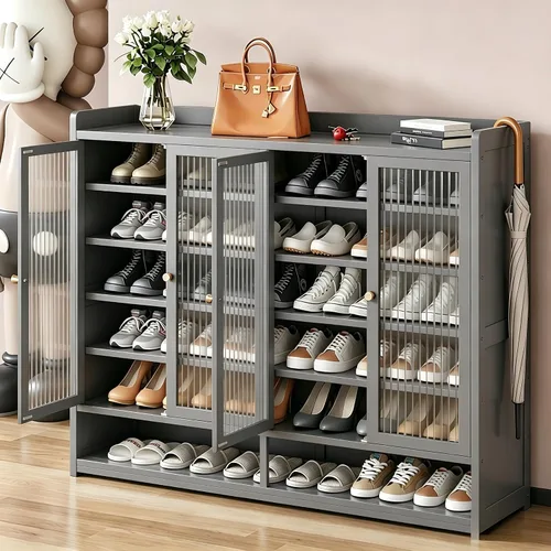 Vista 10 de Zapatero de bambú, 30-36 pares de 7 niveles con puertas, organizador de zapatos con estantes, organizador de zapatos de 41 pulgadas de alto