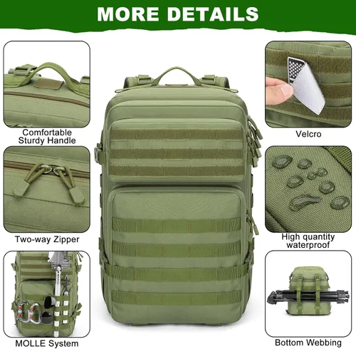 Vista 5 de Mochila Táctica 45L, Mochila Militar del Ejército, Resistente al Agua, Paquete MOLLE, Mochila de 3 Días de Emergencia Grande para Hombres y Mujeres
