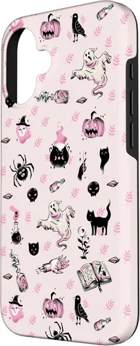 Vista 2 de iPhone 16 Vintage Halloween Case Pumpkins Ghosts Witch Skulls Pink Case
