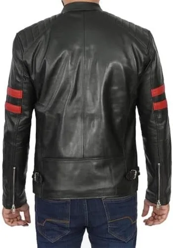 Vista 4 de POOLVOS Chaqueta de motocicleta de cuero para hombre con rayas rojas, color negro