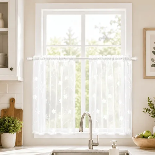 Vista 22 de VOGOL Juego de cortinas transparentes bordadas y cenefas para sala de estar, con bolsillo para barra blanca, par de cortinas traslúcidas