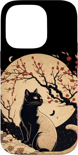 Vista 17 de Kawaii black cat japanese with cherry blossom anime style Case for iPhone 16