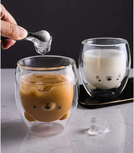 Vista 7 de Binoster Tazas Lindas de Oso Kawaii de Vidrio de Doble Pared para Café y Té, Taza de Yogur Divertida, Regalo Novedoso para Mujeres, Sus Amigas